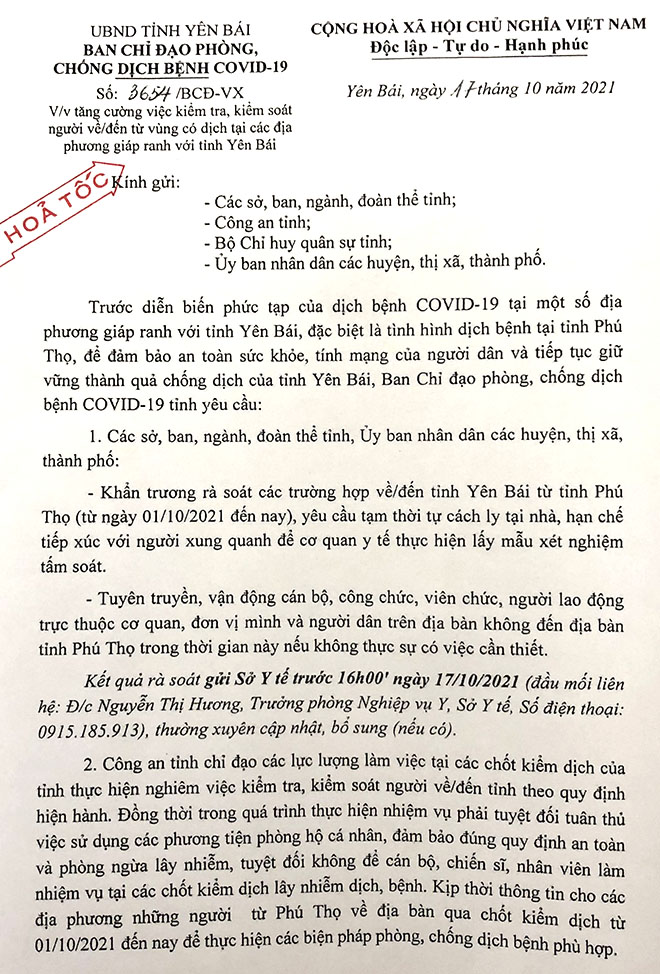 Hình ảnh tin tức Công văn hỏa tốc 3654: Yên Bái yêu cầu tăng cường việc kiểm tra, kiểm soát người về/đến từ vùng có dịch tại các địa phương giáp ranh với tỉnh Yên Bái